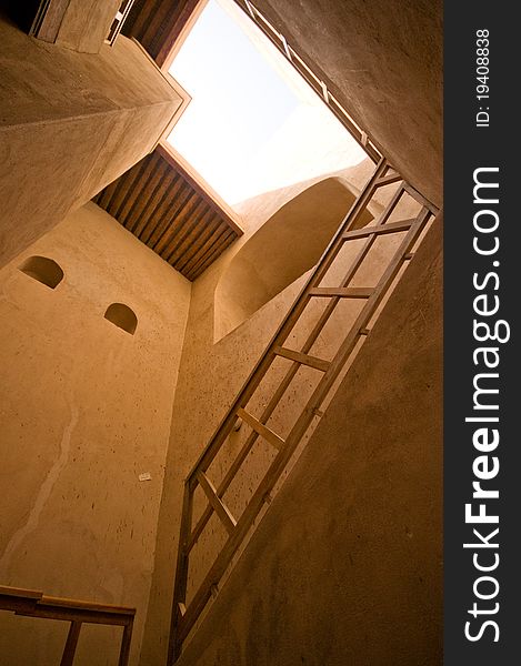 Rustaq fort from inside, Oman

Rustaq fort, built four centuries prior to the dawn of Islam in Oman, is an imposing structure built on three levels, containing separate houses, an armoury, a mosque and four towers. The tallest tower stands over 18.5m high and has a diameter of 6m. Hazm Fort is an outstanding example of Omani Islamic architecture and was built in 1711 AD. The fort's roof is built on columns, and contains no wooden supports. Its walls can withstand great impact, being no less than 3m thick.