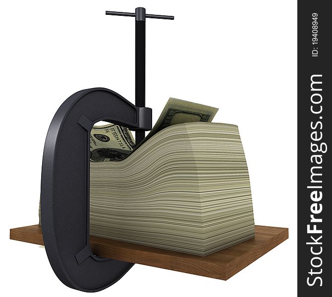 Clamp presses the money to a wooden board. 3d rendering