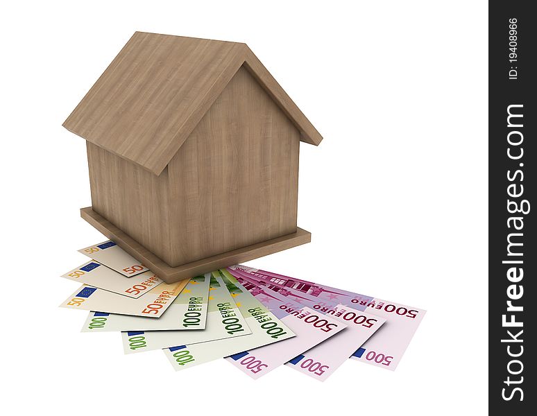 A small wooden house stands on the banknotes of the euro