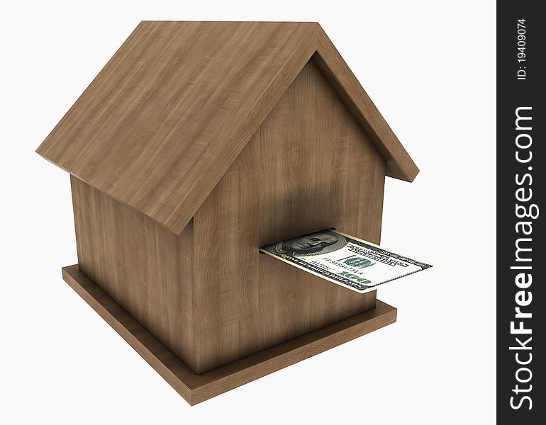 A small wooden house stands on the banknotes of the euro. 3d rendering