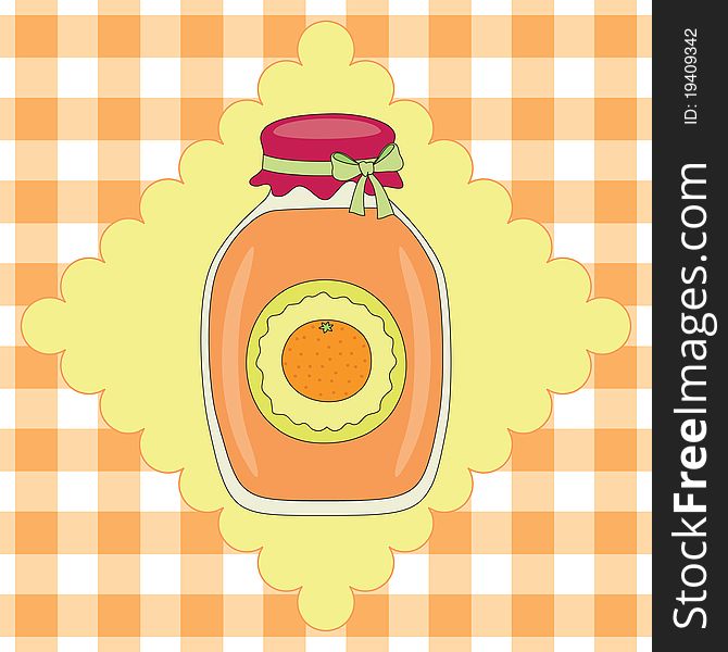 Jar with orange jam on background