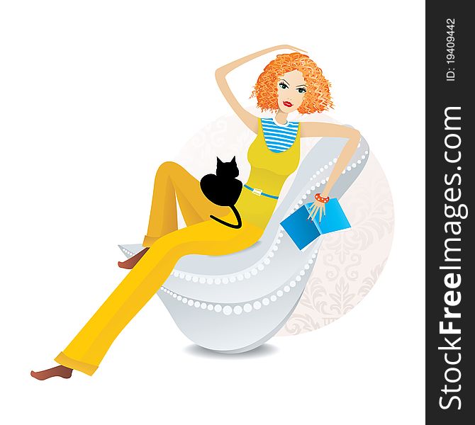 Vector Illustration Of Women With Black Cat