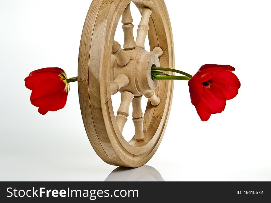 Flower Arrangement in the hub of wooden wheels on a white background. Flower Arrangement in the hub of wooden wheels on a white background
