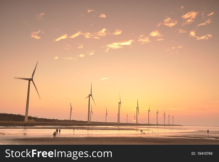 The sunset at the wind-power station