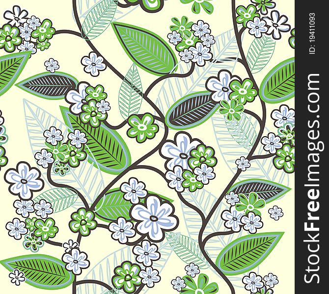 Green Vector seamless background with leafs and flowers. Green Vector seamless background with leafs and flowers