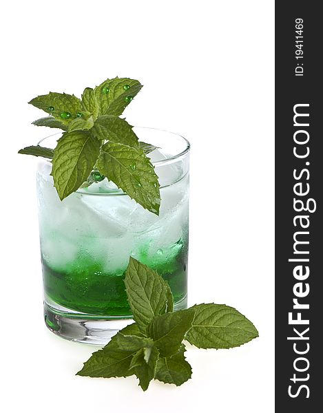 Aglas with water, mint and ice on whitw background. Aglas with water, mint and ice on whitw background