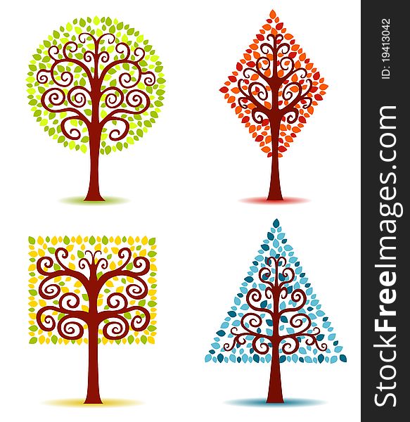 Four geometrical trees. Vector illustration. Isolated on white.