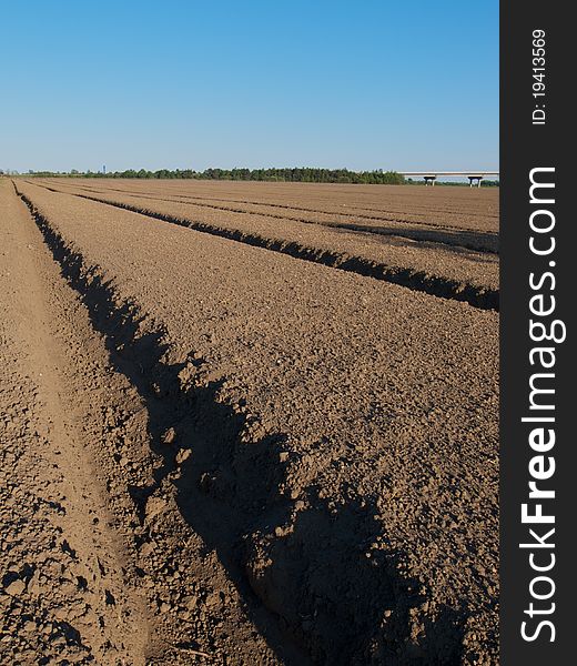 Freshly prepared and sown field, casting shadows in the afternoon sun. Freshly prepared and sown field, casting shadows in the afternoon sun.