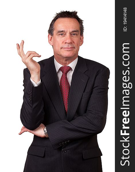 Smiling Business Man In Suit Gesturing With Hand