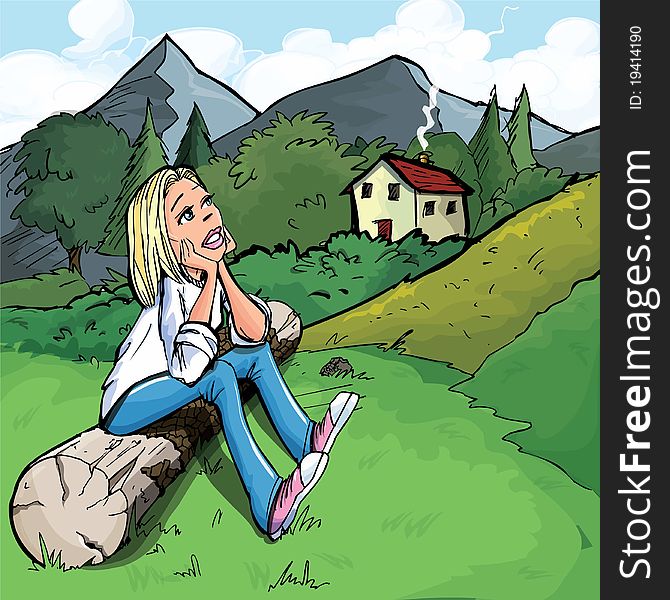 Cartoon of a girl sitting on a log in the countryside