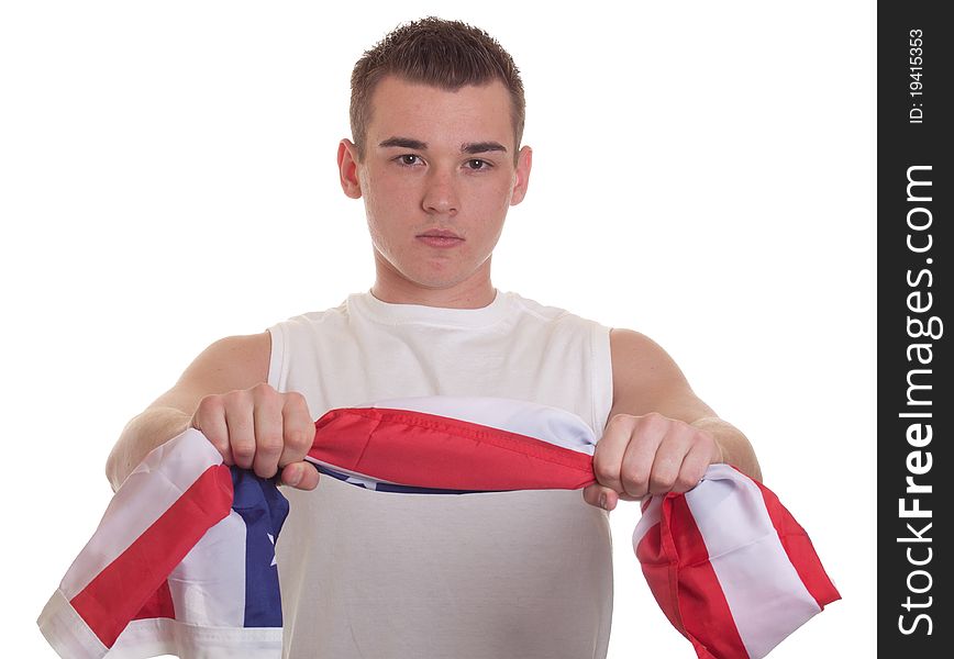 An isolation of an athletic young man holding an american flag. An isolation of an athletic young man holding an american flag.