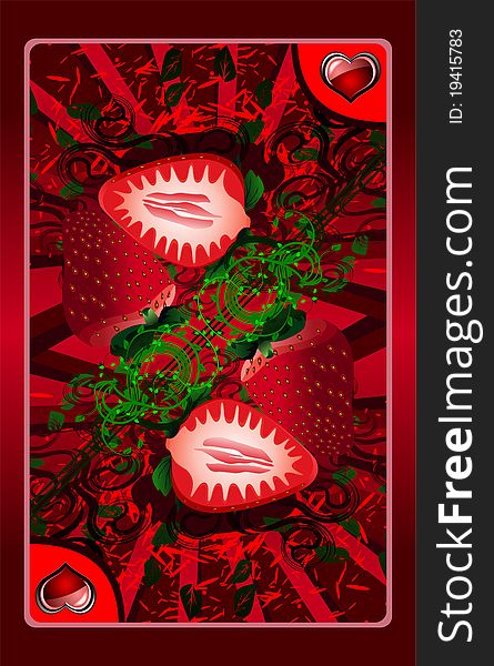 Playing card in red colors with images strawberries. Playing card in red colors with images strawberries