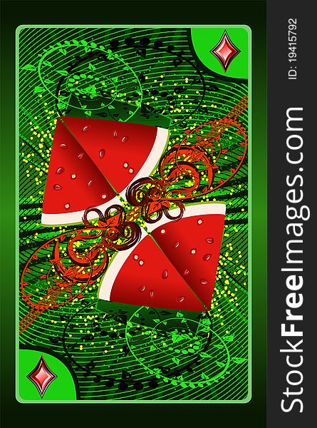 Playing card in green tones with images of watermelon slices. Playing card in green tones with images of watermelon slices
