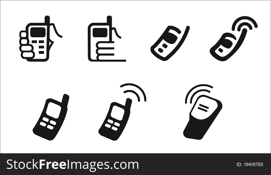 Different icons with mobile phones and hands. Different icons with mobile phones and hands