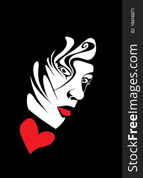 Woman face and heart in black and red. Woman face and heart in black and red