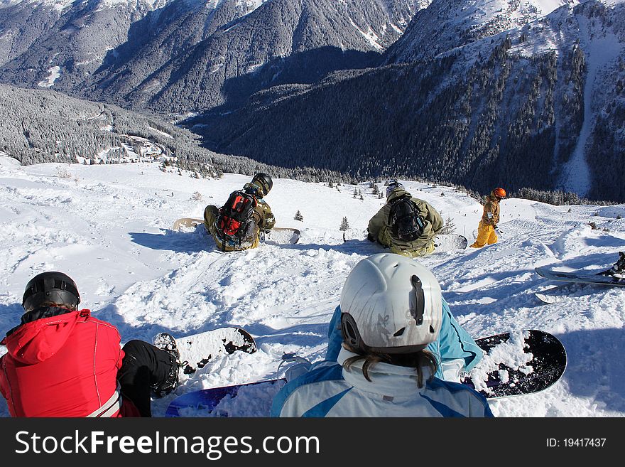 Five snowboarders at start to freeride heaven. Five snowboarders at start to freeride heaven