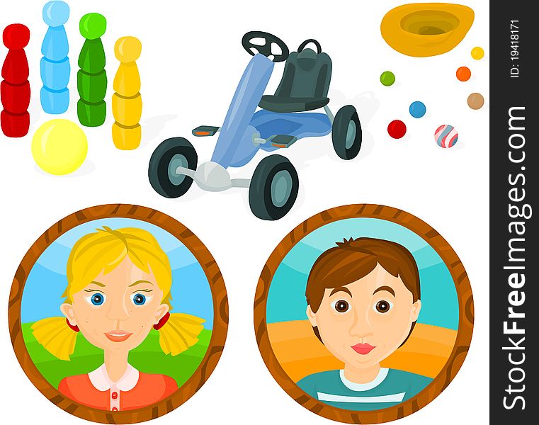 Set of a children games accessories and portraits B. Set of a children games accessories and portraits B