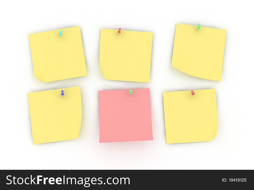 Yellow and pink reminder notes with pins. Yellow and pink reminder notes with pins