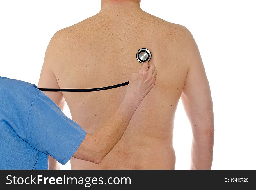 A doctor examining a patient by stethoscope. A doctor examining a patient by stethoscope