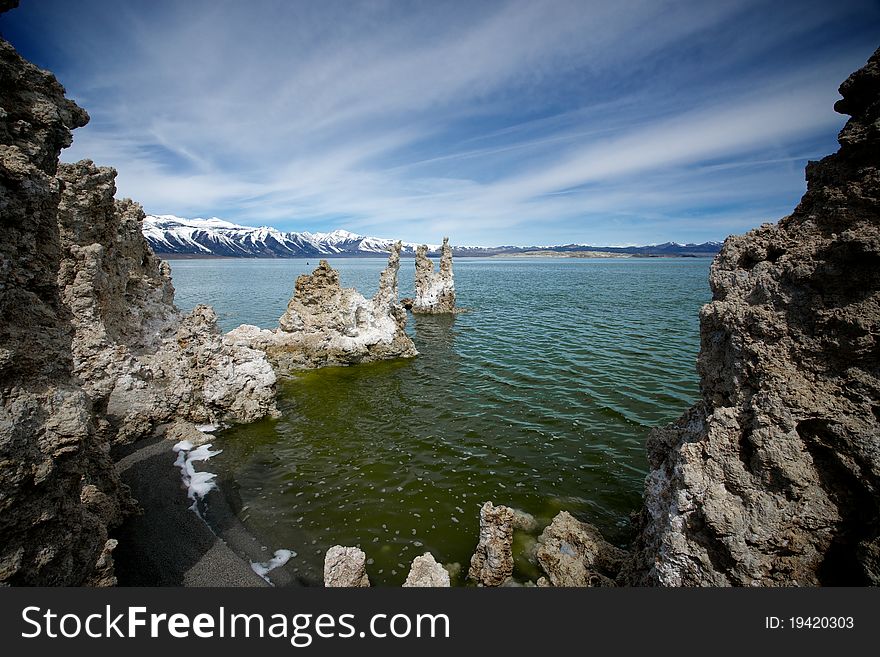 The view from a formation of tufa looking north across the lake. The view from a formation of tufa looking north across the lake.