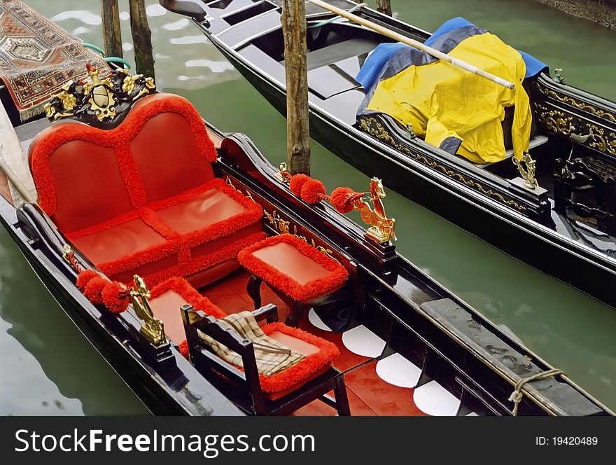 Gondolas on the sea in Venice, Italy.