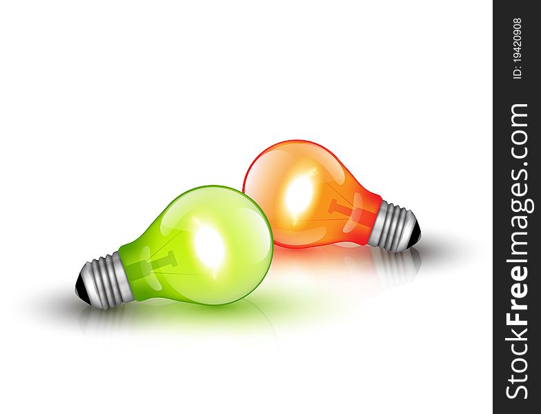 A pair of green and red  based light bulbs, with realistic reflection. A pair of green and red  based light bulbs, with realistic reflection.