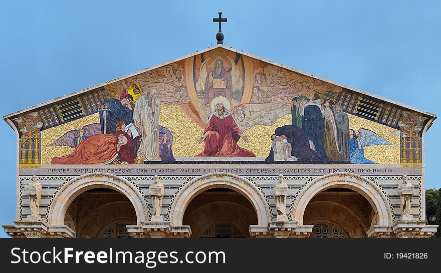 Mosaic on pediment of the Curch of All Nations in Jerusalem. Mosaic on pediment of the Curch of All Nations in Jerusalem