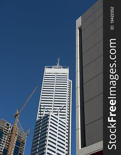 Upward View of Construction Site and Skyscraper in Perth Business District, Western Australia. Upward View of Construction Site and Skyscraper in Perth Business District, Western Australia