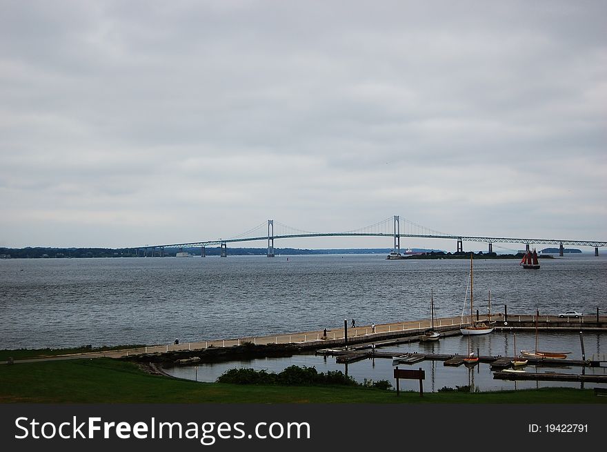 Newport Bridge across sea, Rhode Island