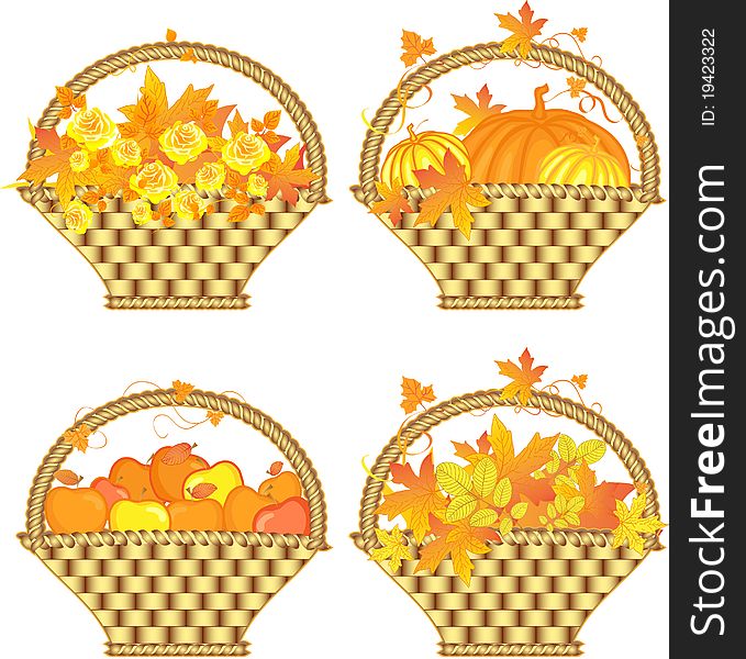 Set of baskets with autumn leaves, pumpkins, yellow roses and apples. Set of baskets with autumn leaves, pumpkins, yellow roses and apples