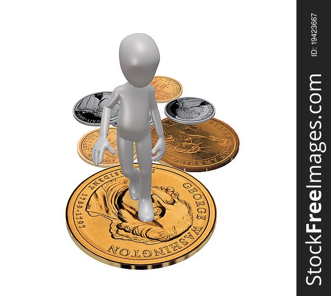 The man is lying on the coins. 3d render