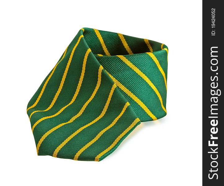 Green tie with yellow stripes. Isolated on white