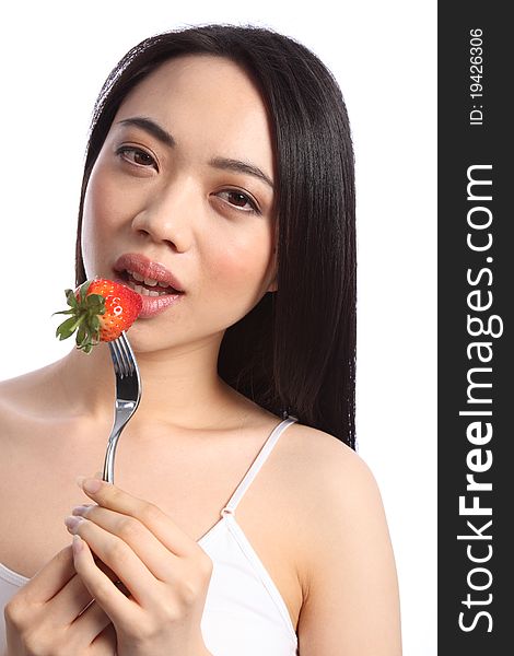 Sexy Chinese Teenager Eats Fresh Strawberry Fruit