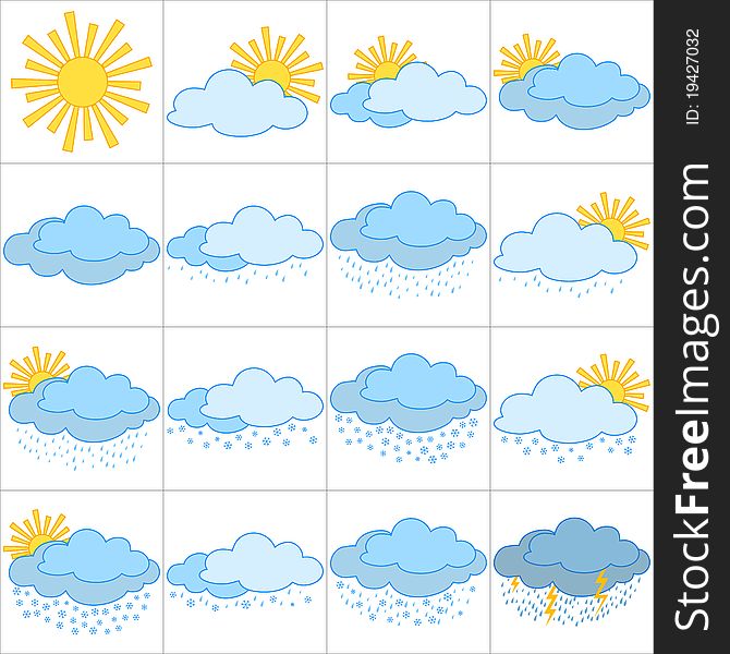 Set  weather icons, illustrating the various natural phenomena. Set  weather icons, illustrating the various natural phenomena