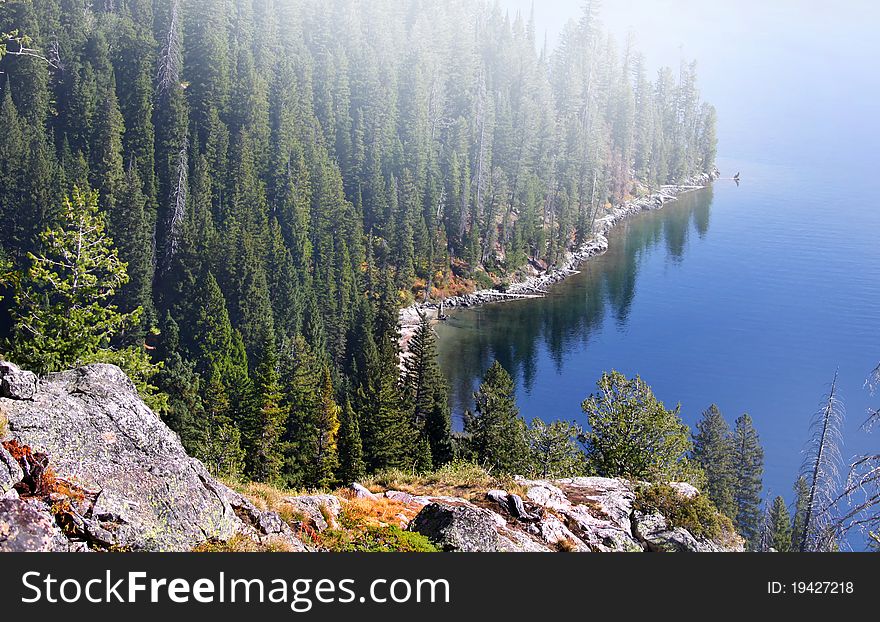 Scenic misty landscape near Jackson lake Wyoming