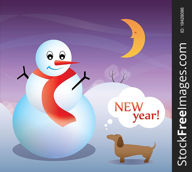 New Year Card with a dog and a snowman