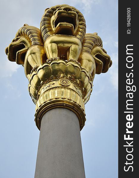 Three Golden Lions on the stone column. Three Golden Lions on the stone column