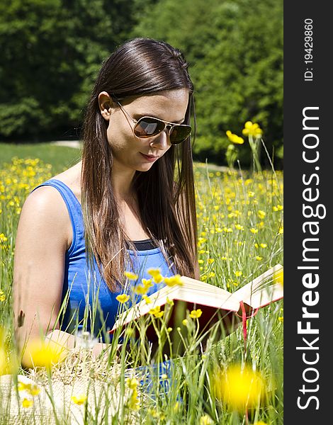 Beautiful young girl in the park reading a book