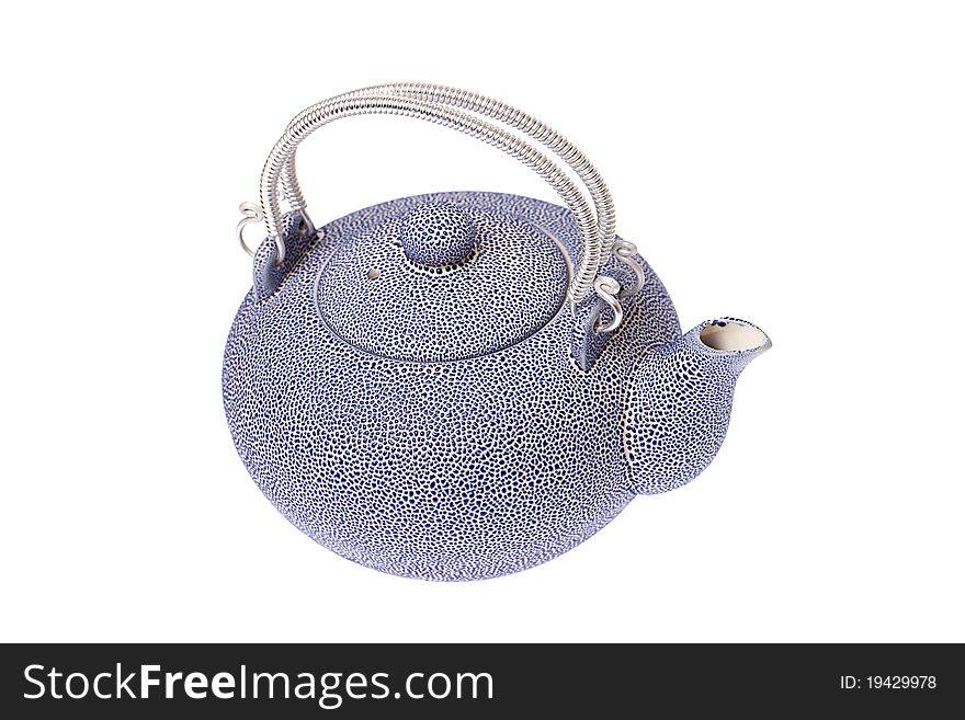 A blue speckled chinese teapot on a white isolted background