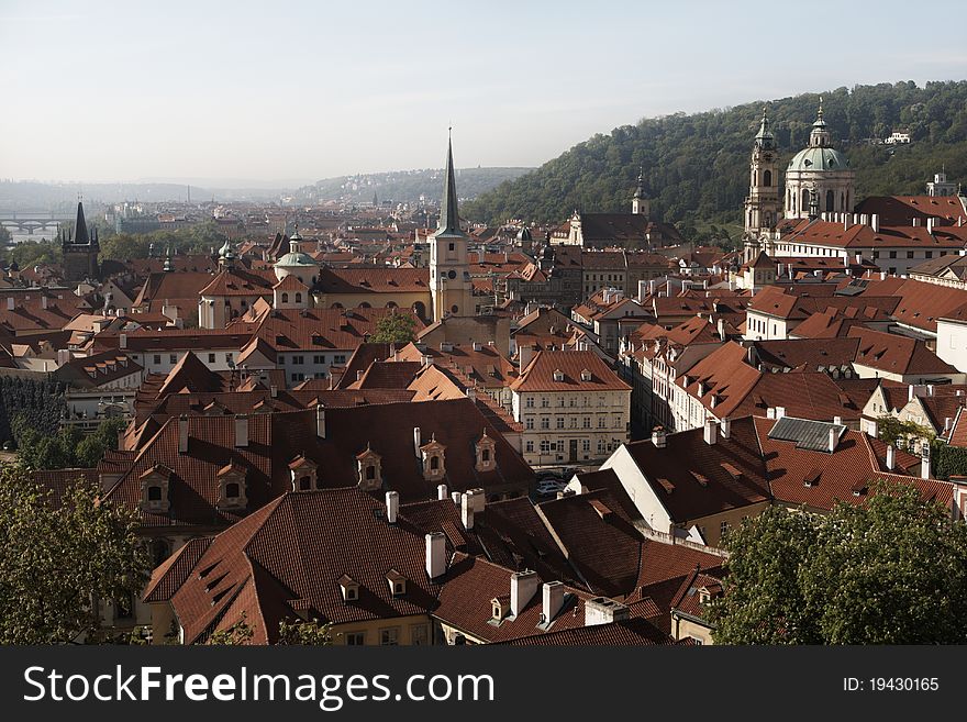 View on the roof of the Little Quarter in Prague, Czech Republic.