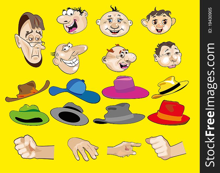 the faces of men, their hats and hands-cartoon. the faces of men, their hats and hands-cartoon