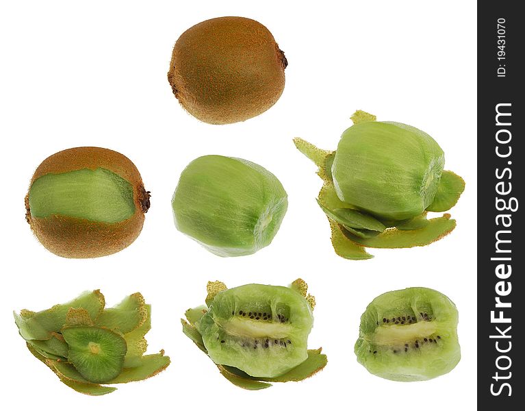Fresh kiwi in different stages of eating, isolated on white background