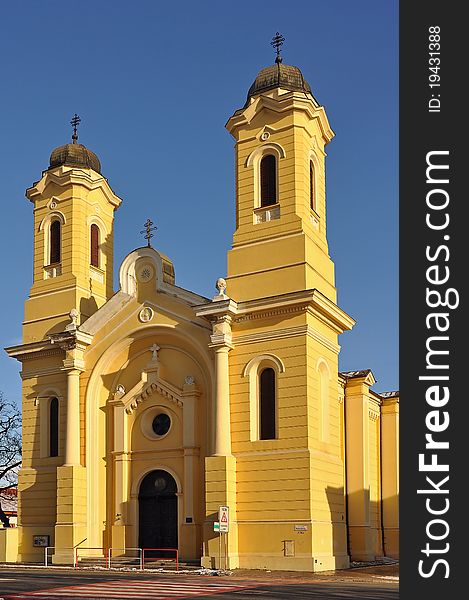 Yellow church in Kosice, Slovakia (slovak name: Greckokatolicky kostol narodenia Panny Marie)