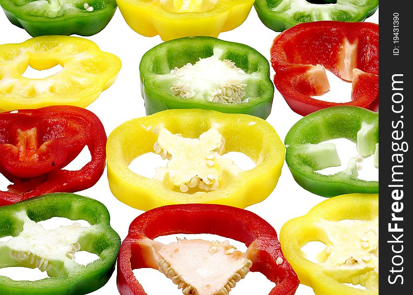 Peppers, red, yellow, green, white background. Isoleted.