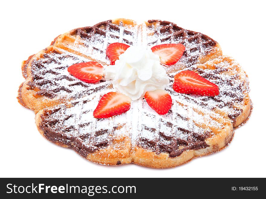 Waffle with strawberry and whipped cream, on a white background