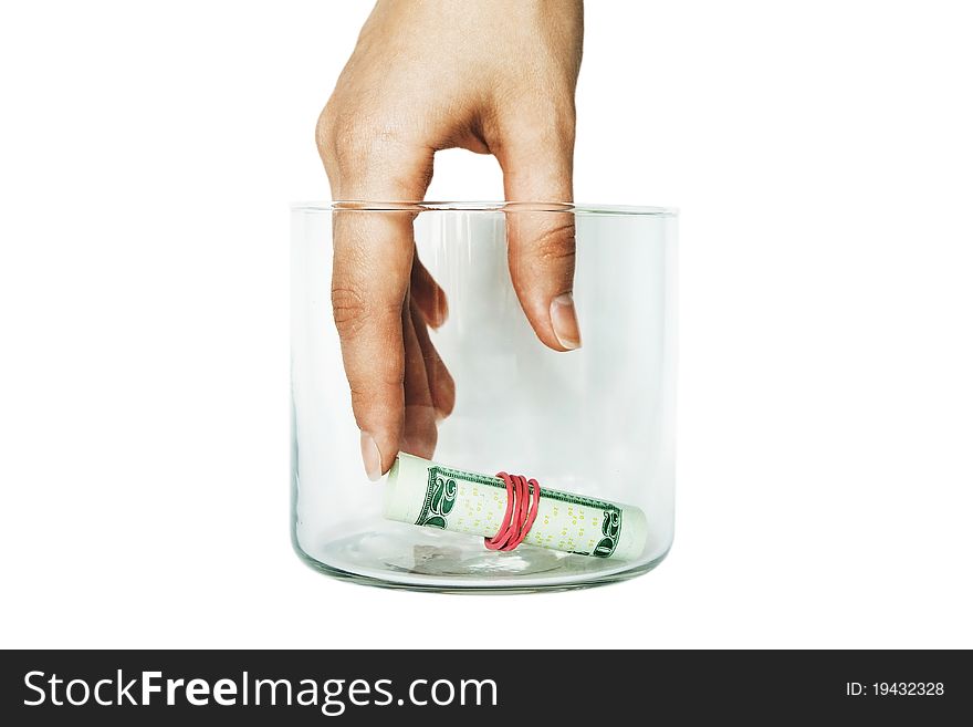 Hand put money in bank. Save money. Isolated on white. Hand put money in bank. Save money. Isolated on white.