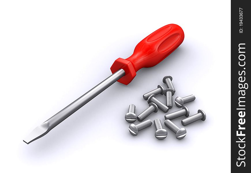 Screwdriver with a bunch of screws on a white background. Screwdriver with a bunch of screws on a white background