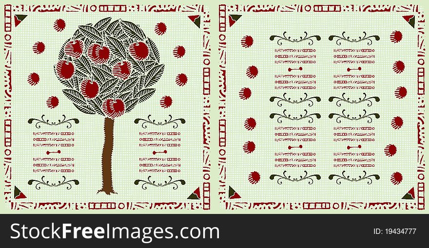 Apple tree cover woodcut, vivid and beautiful with many apples and text boxes