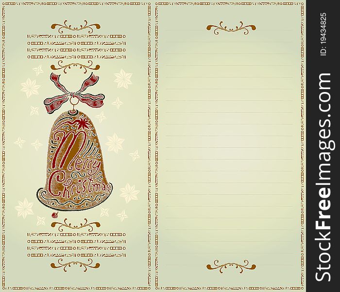 Christmas card color woodcut, with beautiful bell and text box