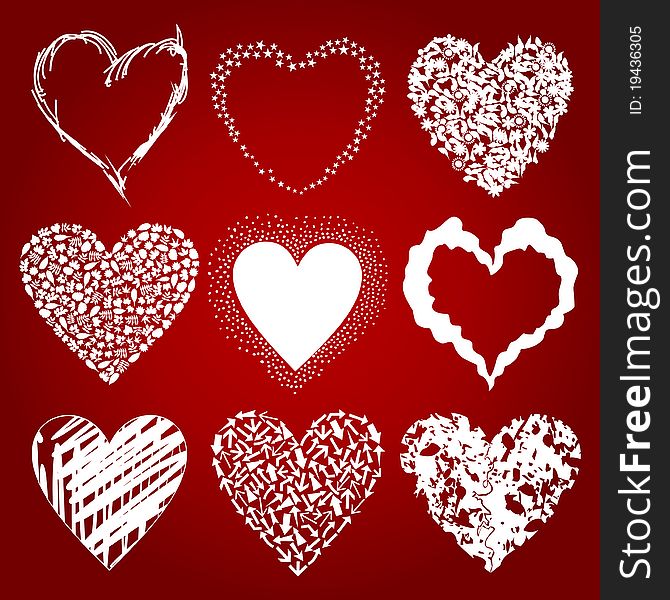 Set of icons of hearts on a red background. A illustration. Set of icons of hearts on a red background. A illustration